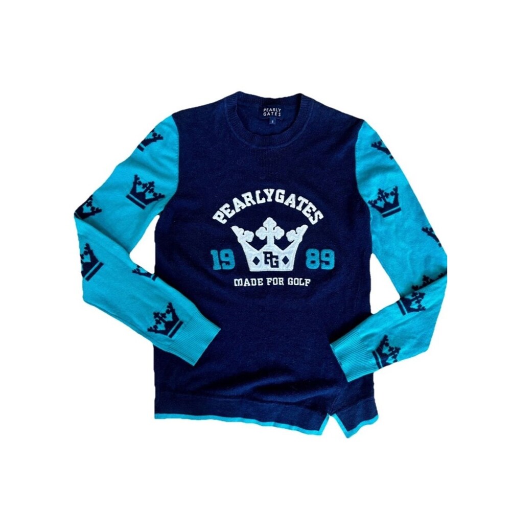 Pearly Gates Wool Blend Golf Sweater - Crown Pattern Navy - Size 2